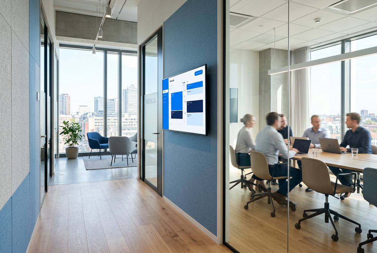 Wall-mounted display in a modern office hallway, with a meeting room and city view in the background